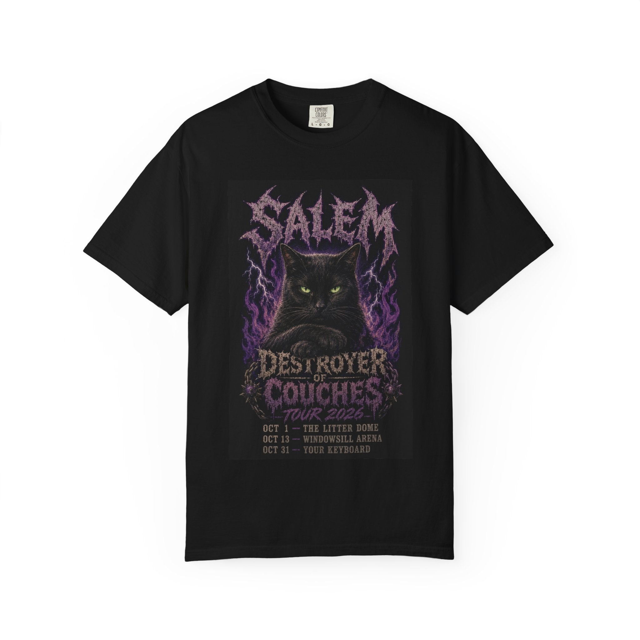 Custom Cat Shirt Personalized Black Cat Metal Tee, Destroyer of Couches Funny Cat Concert Shirt, Goth Halloween Cat Mom Gift, Your Cat Name