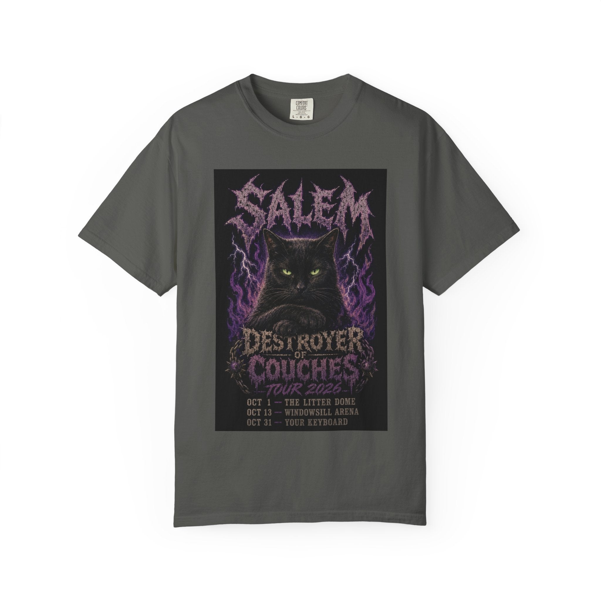 Custom Cat Shirt Personalized Black Cat Metal Tee, Destroyer of Couches Funny Cat Concert Shirt, Goth Halloween Cat Mom Gift, Your Cat Name