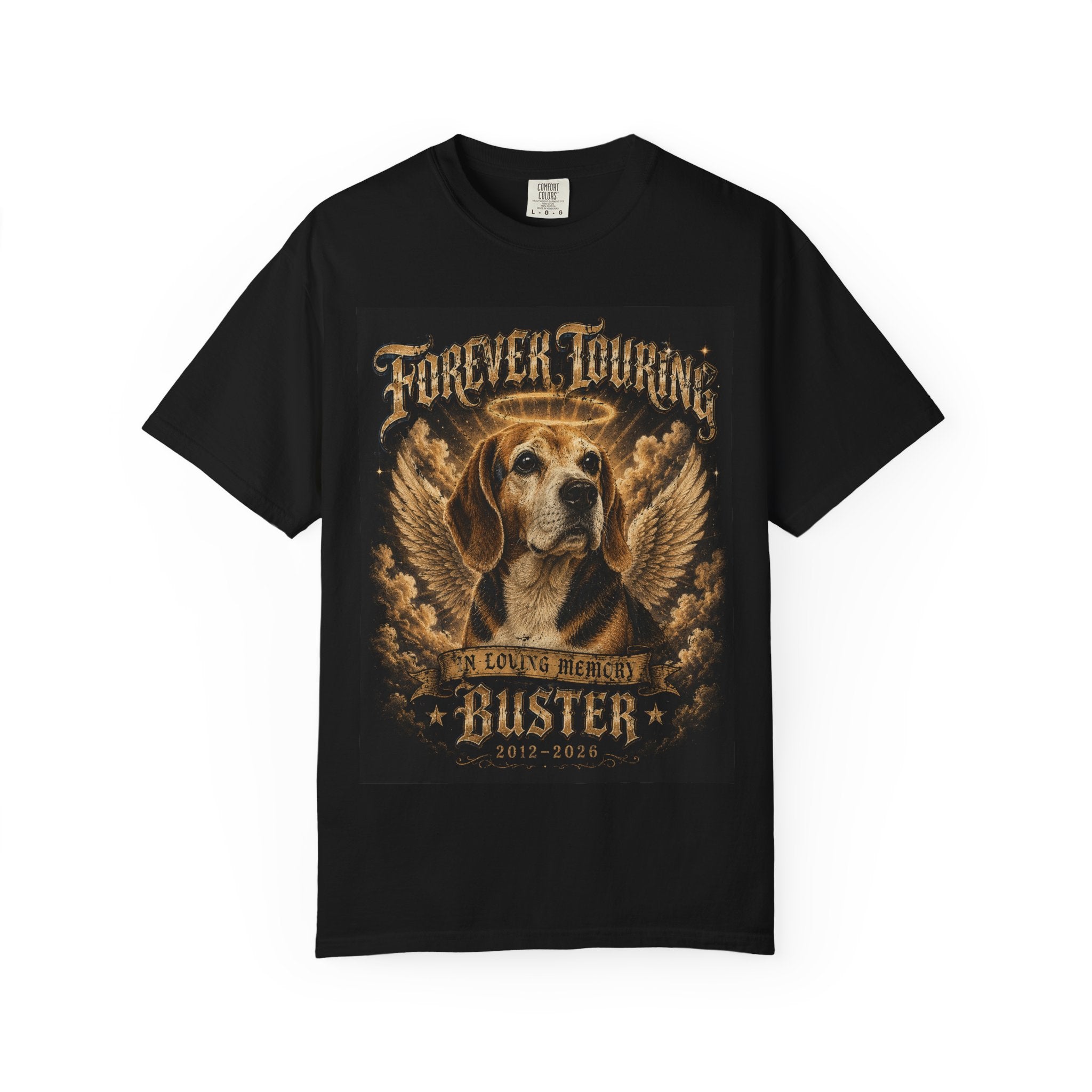 Custom Pet Memorial Shirt Personalized Dog Remembrance Tee, Forever Touring Angel Wings Portrait with Name & Dates, Pet Loss Gift Cat or Dog