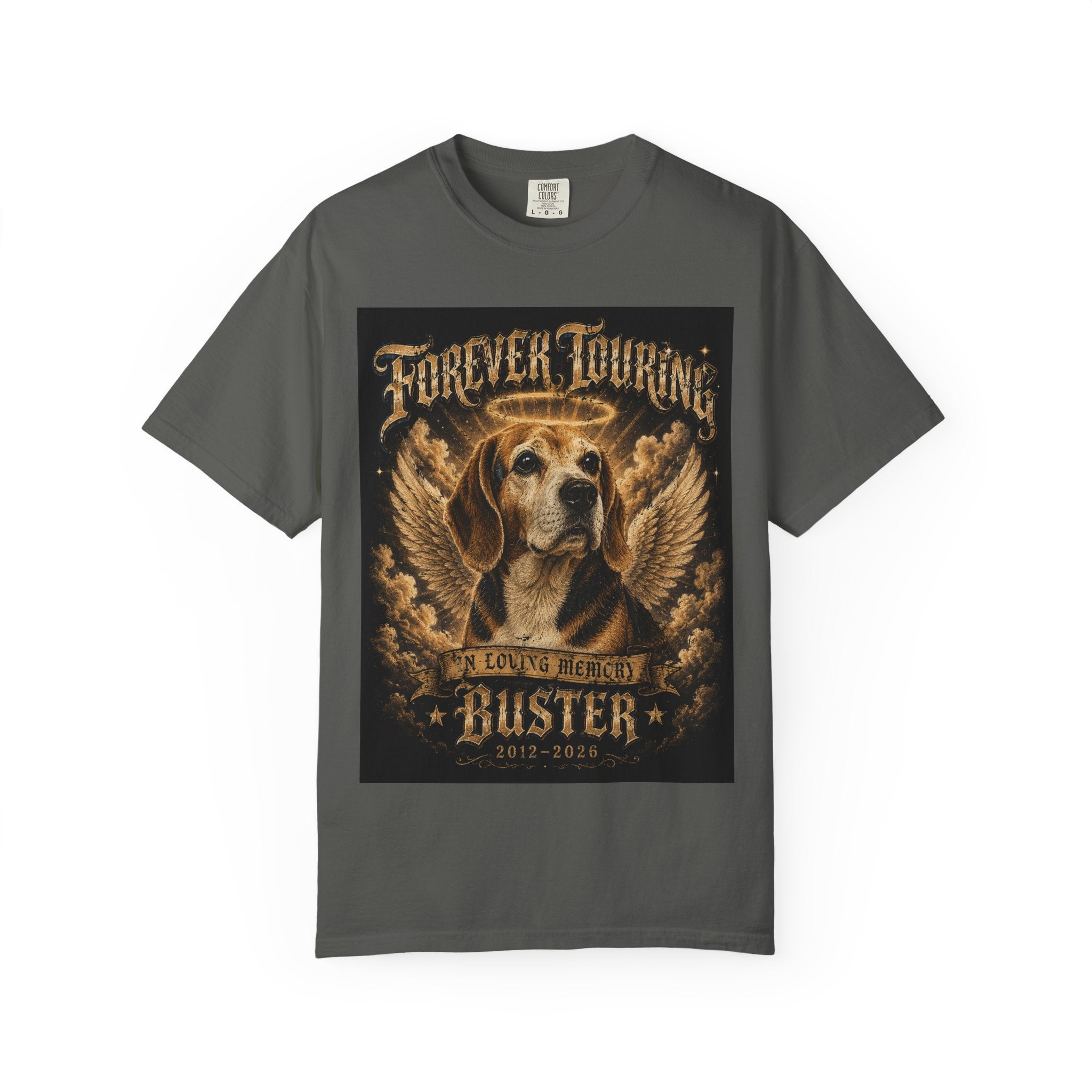 Custom Pet Memorial Shirt Personalized Dog Remembrance Tee, Forever Touring Angel Wings Portrait with Name & Dates, Pet Loss Gift Cat or Dog